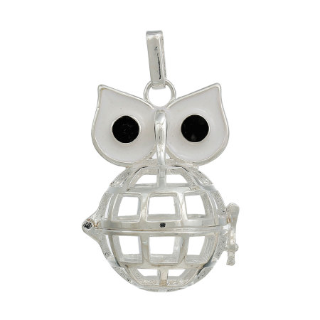 Picture of Brass Mexican Angel Caller Bola Harmony Ball Wish Box Pendants Silver Plated Owl Eye White Enamel Black Rhinestone Can Open (Fit Bead Size: 20mm) 47mm(1 7/8") x 28mm(1 1/8"), 1 Piece