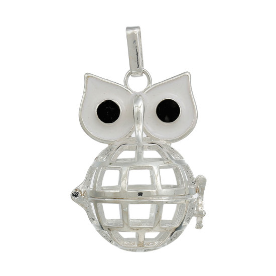 Image de Pendentifs Cage en Laiton Harmony Ball Ange Balle Argenté Œil Blanc Email de Hiboux avec Strass Noir Pouvoir Ouvrir (Taille de Perle Compatible: 20mm) 47mm x 28mm, 1 Pièce