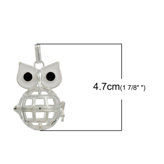 Image de Pendentifs Cage en Laiton Harmony Ball Ange Balle Argenté Œil Blanc Email de Hiboux avec Strass Noir Pouvoir Ouvrir (Taille de Perle Compatible: 20mm) 47mm x 28mm, 1 Pièce