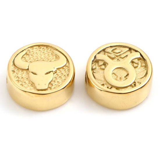 Bild von 1 Stück Umweltfreundliche PVD-Vakuumbeschichtung Edelstahl Perlen zur DIY-Schmuckherstellung Vergoldet Flachrund Sternbild Stier ca. 10mm D., Loch: ca. 1.8mm