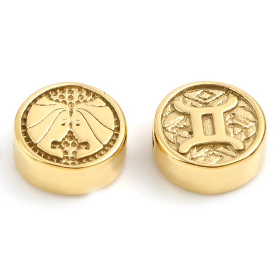 Bild von 1 Stück Umweltfreundliche PVD-Vakuumbeschichtung Edelstahl Perlen zur DIY-Schmuckherstellung Vergoldet Flachrund Sternbild Zwillinge ca. 10mm D., Loch: ca. 1.8mm