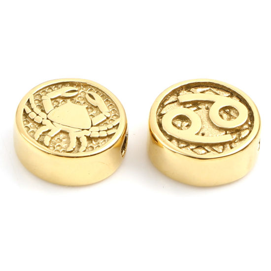 Bild von 1 Stück Umweltfreundliche PVD-Vakuumbeschichtung Edelstahl Perlen zur DIY-Schmuckherstellung Vergoldet Flachrund Sternbild Krebs ca. 10mm D., Loch: ca. 1.8mm