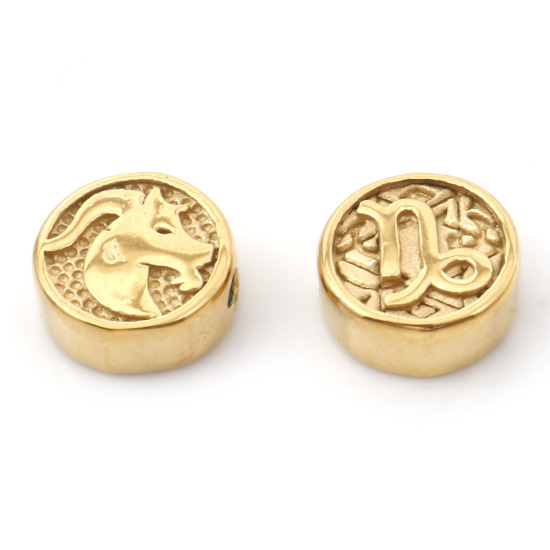 Bild von 1 Stück Umweltfreundliche PVD-Vakuumbeschichtung Edelstahl Perlen zur DIY-Schmuckherstellung Vergoldet Flachrund Sternbild Steinbock ca. 10mm D., Loch: ca. 1.8mm