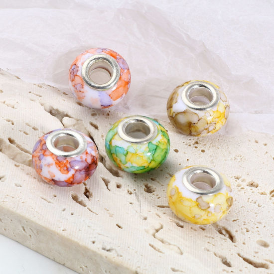 Picture of Zinc Based Alloy & Resin European Style Large Hole Charm Beads Silver Tone At Random Color Mixed Round 14mm Dia., Hole: Approx 5mm, 20 PCs