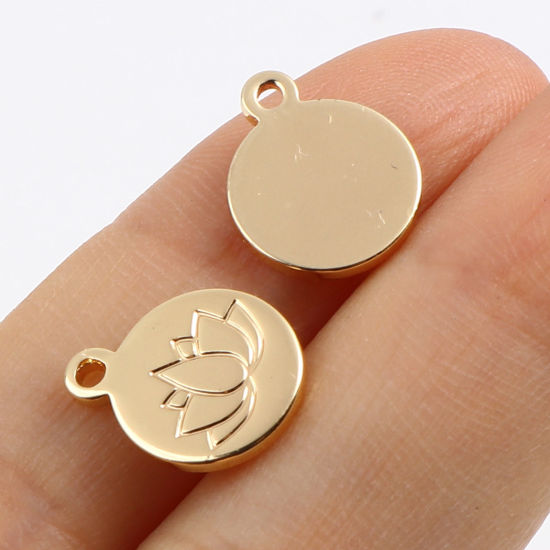 Изображение Латунь религия Подвески Круглые 18K настоящее золото с покрытием Цветок Лотоса 13мм x 10мм, 2 ШТ