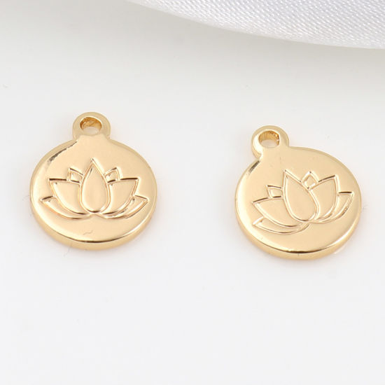 Изображение Латунь религия Подвески Круглые 18K настоящее золото с покрытием Цветок Лотоса 13мм x 10мм, 2 ШТ