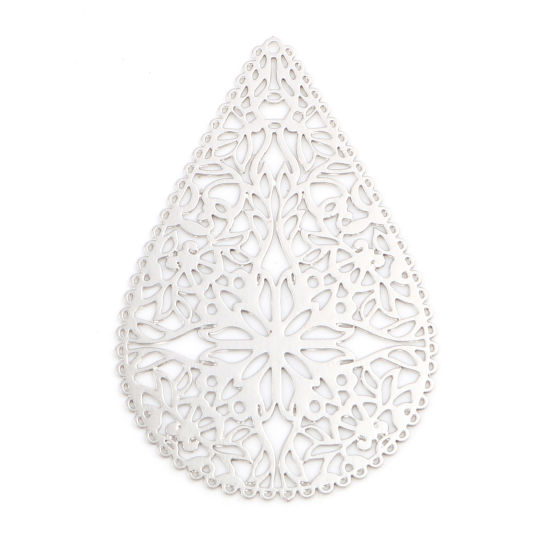 Bild von Eisenlegierung Filigran Stempel Verzierung Anhänger Tropfen Silberfarbe Filigran 40mm x 27mm, 10 Stück