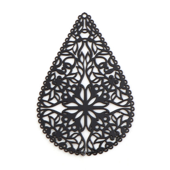 Bild von Eisenlegierung Filigran Stempel Verzierung Anhänger Tropfen Schwarz Filigran Spritzlackierung 40mm x 27mm, 10 Stück
