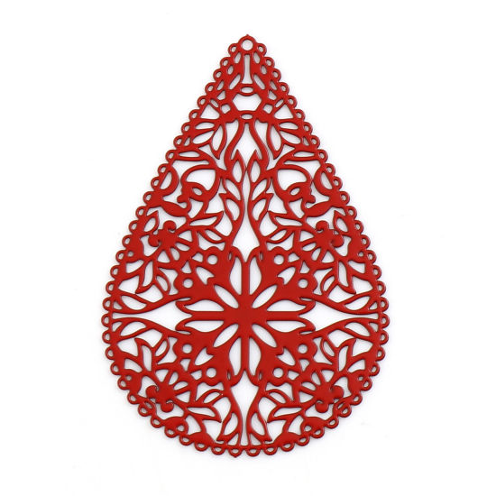 Bild von Eisenlegierung Filigran Stempel Verzierung Anhänger Tropfen Rot Filigran Spritzlackierung 40mm x 27mm, 10 Stück