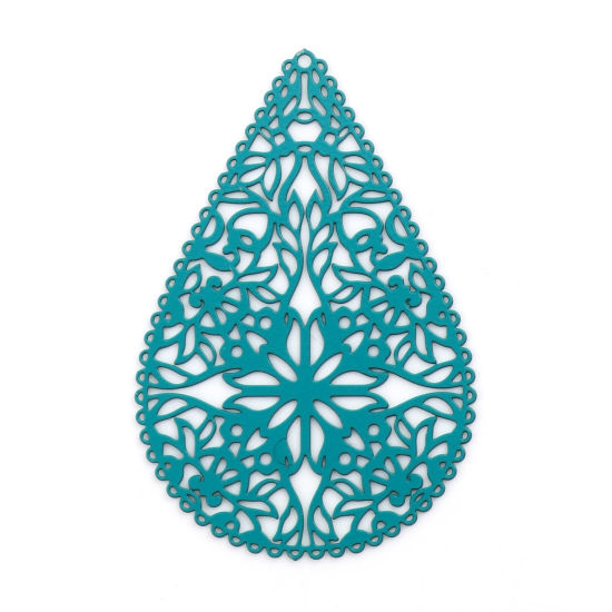 Bild von Eisenlegierung Filigran Stempel Verzierung Anhänger Tropfen Grün Filigran Spritzlackierung 40mm x 27mm, 10 Stück
