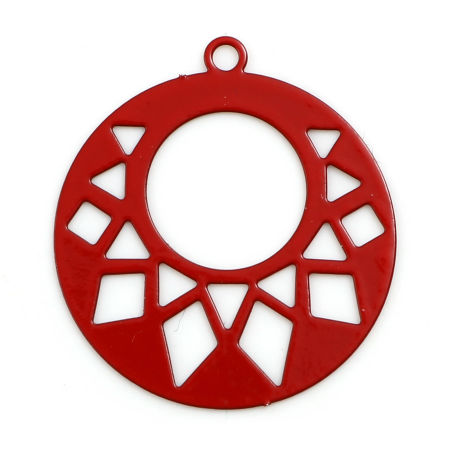 Image de Breloques Estampe en Filigrane en Alliage de Fer Rond Rouge Géométrique env. Laqué 22mm x 20mm, 20 Pcs