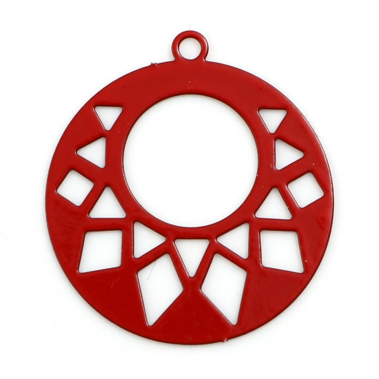 Immagine di Lega di Ferro Filigree Stamping Charms Tondo Rosso Geometria Pittura 22mm x 20mm , 20 Pz