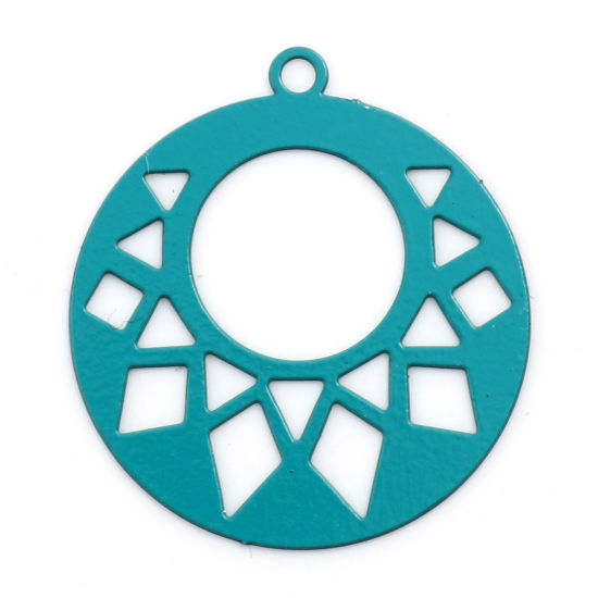 Immagine di Lega di Ferro Filigree Stamping Charms Tondo Verde Geometria Pittura 22mm x 20mm , 20 Pz