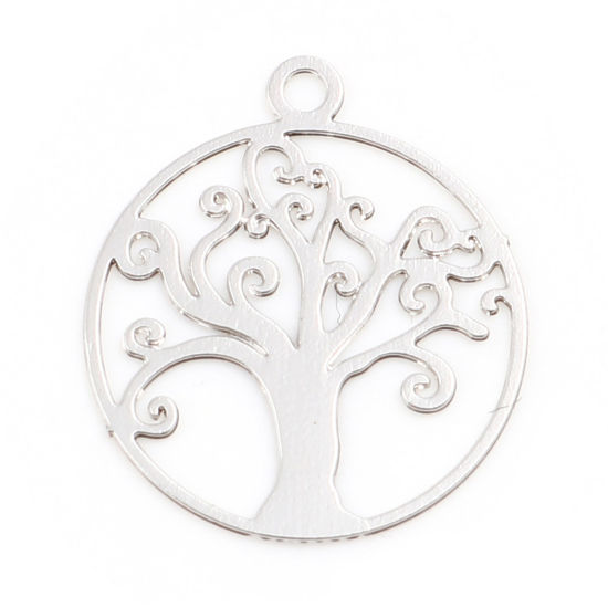 Image de Breloques Estampe en Filigrane en Alliage de Fer Rond Argent Mat Arbre de Vie 16mm x 14mm, 50 Pcs