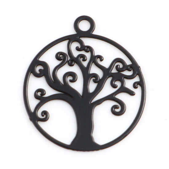 Image de Breloques Estampe en Filigrane en Alliage de Fer Rond Noir Arbre de Vie env. Laqué 16mm x 14mm, 50 Pcs