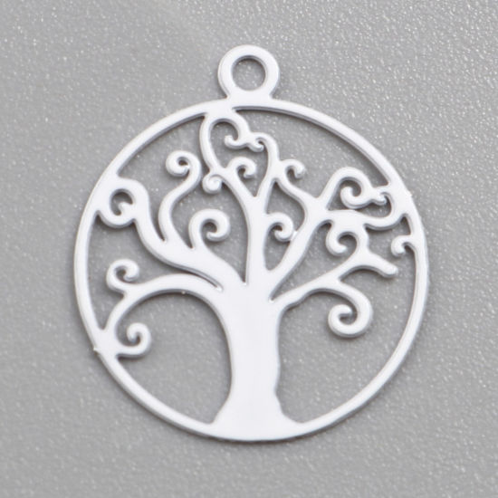 Image de Breloques Estampe en Filigrane en Alliage de Fer Rond Blanc Arbre de Vie env. Laqué 16mm x 14mm, 50 Pcs