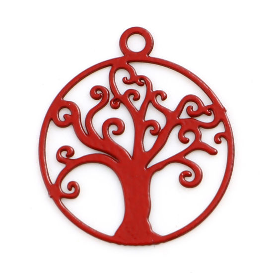 Image de Breloques Estampe en Filigrane en Alliage de Fer Rond Rouge Arbre de Vie env. Laqué 16mm x 14mm, 50 Pcs