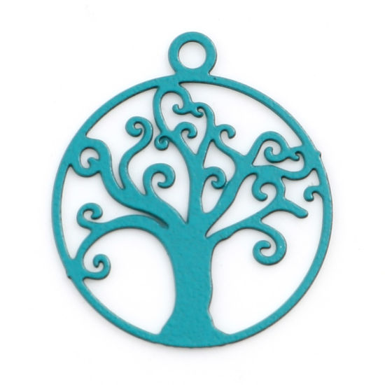 Image de Breloques Estampe en Filigrane en Alliage de Fer Rond Vert Arbre de Vie env. Laqué 16mm x 14mm, 50 Pcs