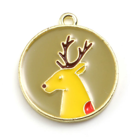 Immagine di Lega di Zinco Charms Tondo Oro Placcato Verde Oliva Cervo Smalto 23mm x 20mm , 10 Pz