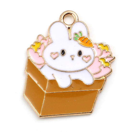 Bild von Zinklegierung Charms Hase Vergoldet Weiß & Braun Emaille 23mm x 19mm, 10 Stück