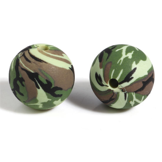 Image de Perles en Silicone Rond Vert & Gris Camouflage 15mm Dia, Taille de Trou: 2.5mm, 5 Pcs