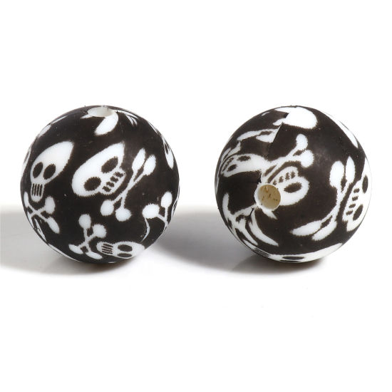 Image de Perles en Silicone Halloween Rond Noir & Blanc Crâne 15mm Dia, Taille de Trou: 2.5mm, 5 Pcs