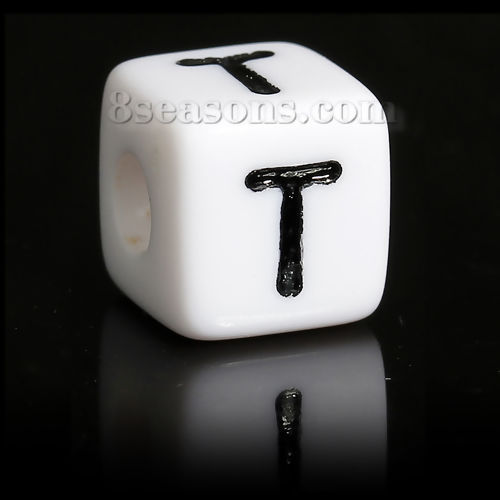 Imagen de Acrílico Cuentas Espaciador Cubo Negro & Blanco Letras " T " Esmalte Aprox 10mm x 10mm, Agujero: acerca de 3.9mm, 50 Unidades