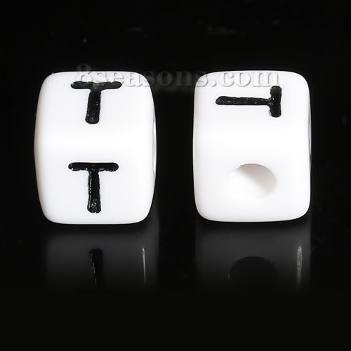 Imagen de Acrílico Cuentas Espaciador Cubo Negro & Blanco Letras " T " Esmalte Aprox 10mm x 10mm, Agujero: acerca de 3.9mm, 50 Unidades