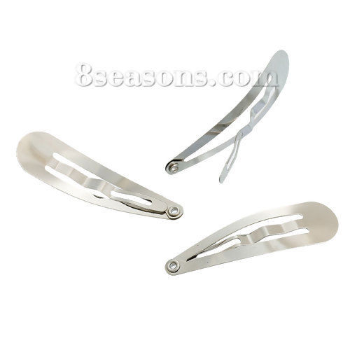 Picture of Iron Based Alloy Snap Hair Clips Teardrop Silver Tone 39mm x 11mm, 100 PCs