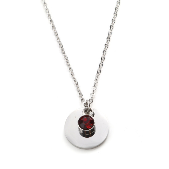Immagine di Acciaio Inossidabile Pietre Nascita Collana Tono Argento Tondo Gennaio Modifiche in bianco di timbratura Vino Rosso Cubic Zirconia 45cm Lunghezza, 1 Pz