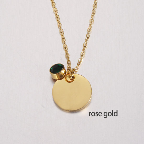 Immagine di Acciaio Inossidabile Pietre Nascita Collana Oro Rosa Tondo Maggio Modifiche in bianco di timbratura Verde Scuro Cubic Zirconia 45cm Lunghezza, 1 Pz