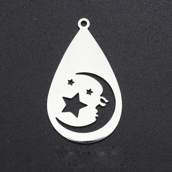 Picture of Stainless Steel Galaxy Pendants Drop Silver Tone Moon 3.8cm x 2.2cm, 1 Piece