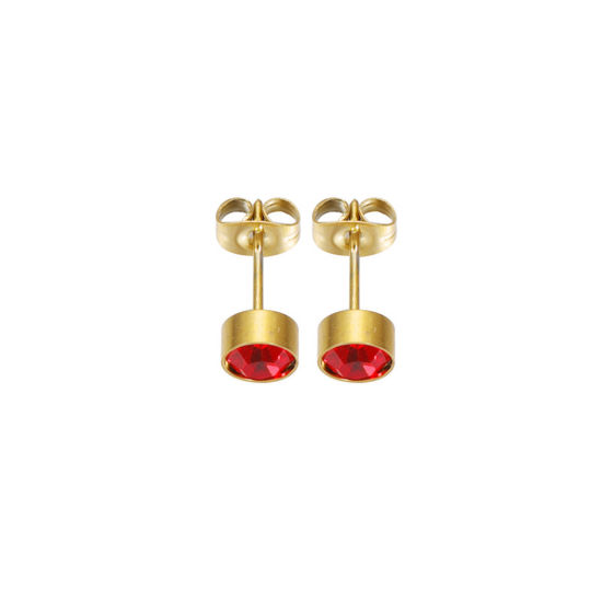 Picture of Stainless Steel Birthstone Ear Post Stud Earrings Gold Plated Round January Red Cubic Zirconia 15mm x 7mm, 1 Pair