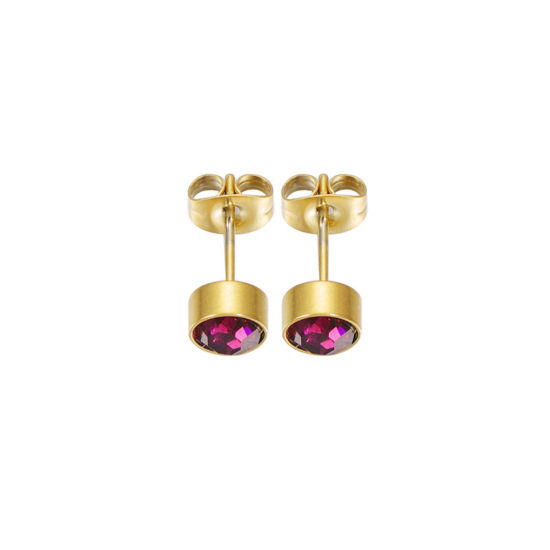 Picture of Stainless Steel Birthstone Ear Post Stud Earrings Gold Plated Round February Purple Cubic Zirconia 15mm x 7mm, 1 Pair