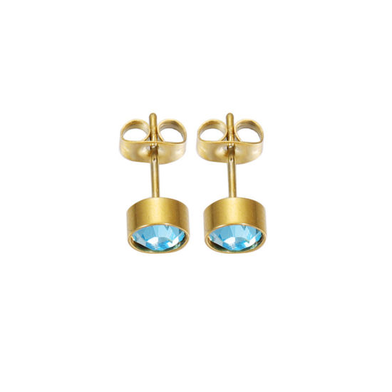 Picture of Stainless Steel Birthstone Ear Post Stud Earrings Gold Plated Round March Light Blue Cubic Zirconia 15mm x 7mm, 1 Pair