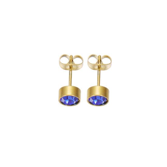 Picture of Stainless Steel Birthstone Ear Post Stud Earrings Gold Plated Round September Blue Violet Cubic Zirconia 15mm x 7mm, 1 Pair