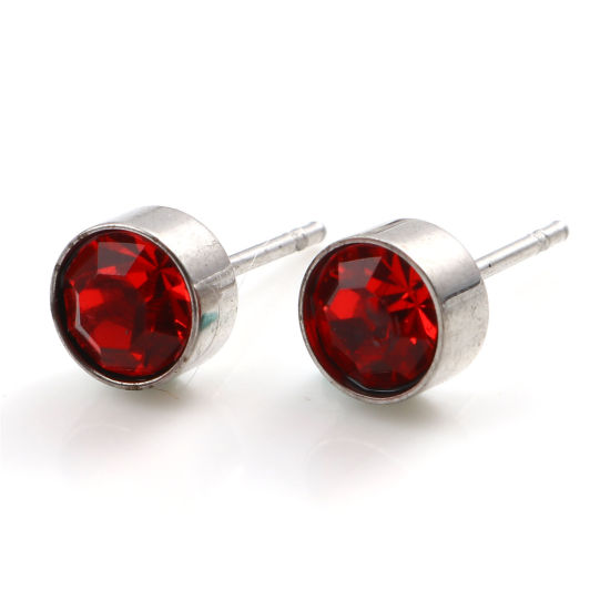 Picture of Stainless Steel Birthstone Ear Post Stud Earrings Silver Tone Round January Red Cubic Zirconia 15mm x 7mm, 1 Pair