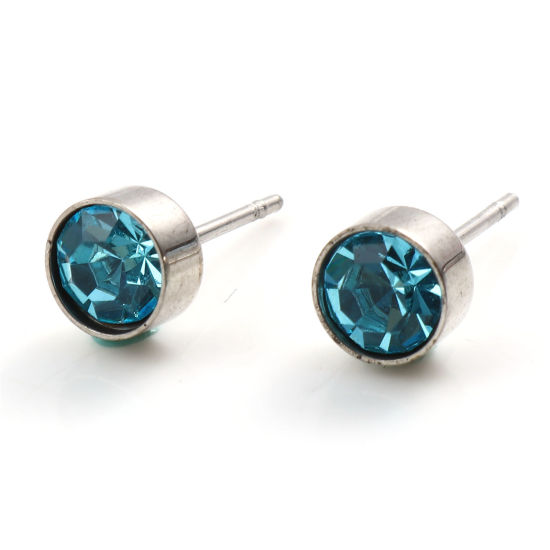 Picture of Stainless Steel Birthstone Ear Post Stud Earrings Silver Tone Round March Light Blue Cubic Zirconia 15mm x 7mm, 1 Pair