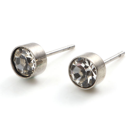 Picture of Stainless Steel Birthstone Ear Post Stud Earrings Silver Tone Round April Clear Cubic Zirconia 15mm x 7mm, 1 Pair