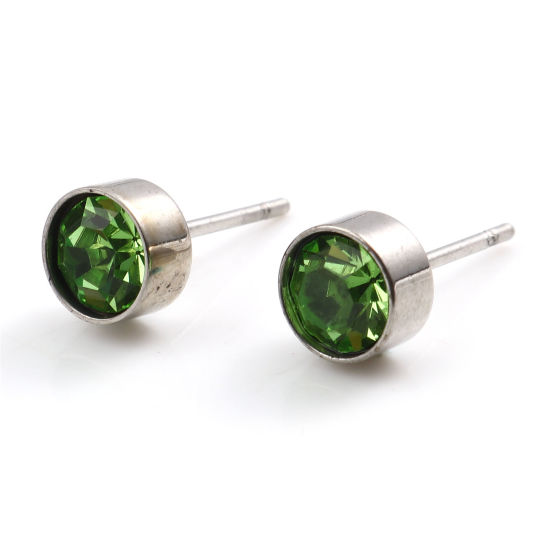 Picture of Stainless Steel Birthstone Ear Post Stud Earrings Silver Tone Round May Light Green Cubic Zirconia 15mm x 7mm, 1 Pair