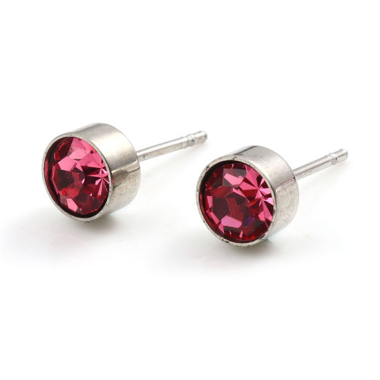 Picture of Stainless Steel Birthstone Ear Post Stud Earrings Silver Tone Round July Pink Cubic Zirconia 15mm x 7mm, 1 Pair