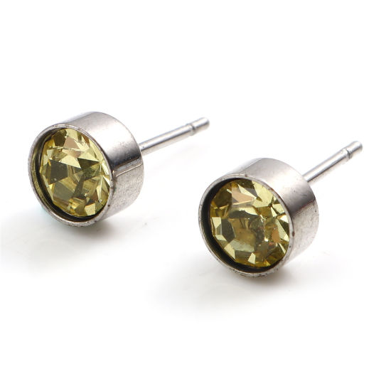 Picture of Stainless Steel Birthstone Ear Post Stud Earrings Silver Tone Round November Champagne Cubic Zirconia 15mm x 7mm, 1 Pair