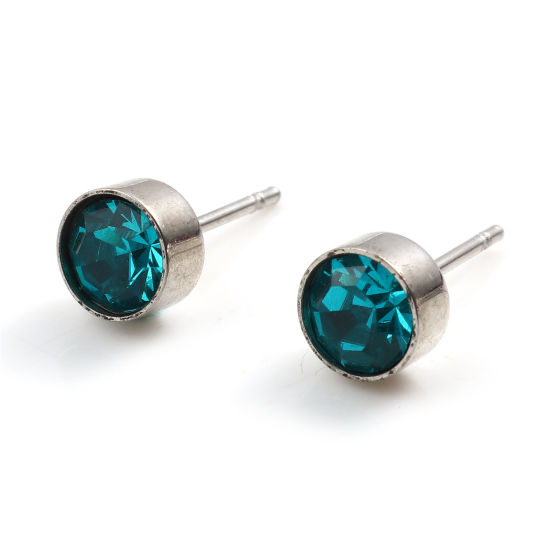 Picture of Stainless Steel Birthstone Ear Post Stud Earrings Silver Tone Round December Blue Cubic Zirconia 15mm x 7mm, 1 Pair