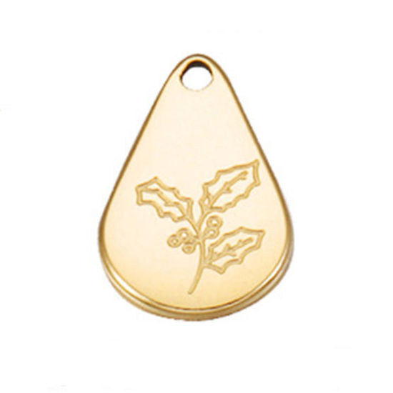 Immagine di 1 Pz Acciaio Inossidabile Dicembre Fiore del Mese di Nascita Ciondoli Oro Placcato Goccia Agrifoglio Natale 13.9mm x 9mm