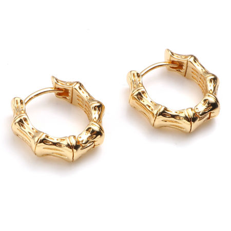 Picture of Brass Hoop Earrings 18K Real Gold Plated Bamboo-shaped Circle Ring 15mm x 14mm, Post/ Wire Size: (20 gauge), 2 PCs