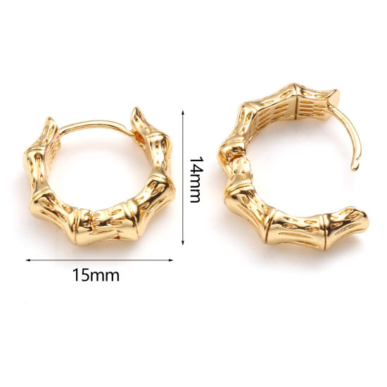 Immagine di Ottone orecchino cerchio 18K Vero Oro Placcato Forma di Bambù Anello 15mm x 14mm, Posta / Filo: (20 misura), 2 Pz