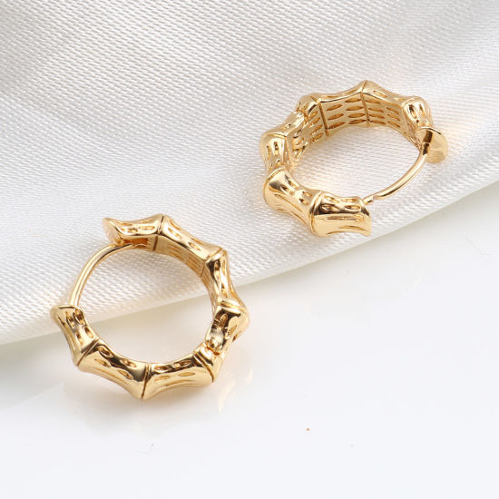 Immagine di Ottone orecchino cerchio 18K Vero Oro Placcato Forma di Bambù Anello 15mm x 14mm, Posta / Filo: (20 misura), 2 Pz
