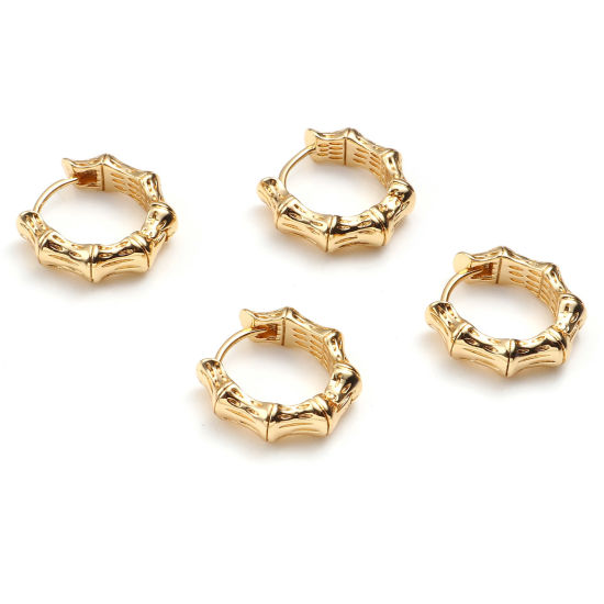 Immagine di Ottone orecchino cerchio 18K Vero Oro Placcato Forma di Bambù Anello 15mm x 14mm, Posta / Filo: (20 misura), 2 Pz