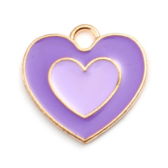 Picture of Zinc Based Alloy Valentine's Day Charms Heart Gold Plated Purple Enamel 20mm x 19mm, 20 PCs