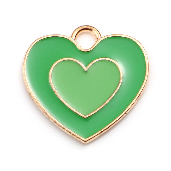 Picture of Zinc Based Alloy Valentine's Day Charms Heart Gold Plated Green Enamel 20mm x 19mm, 20 PCs